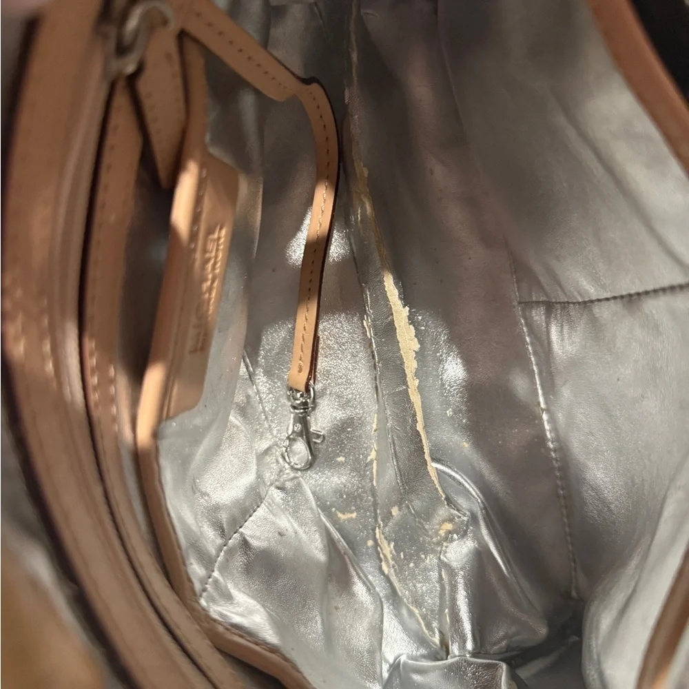 Michael Kors Shiny Silver and Tan Satchel